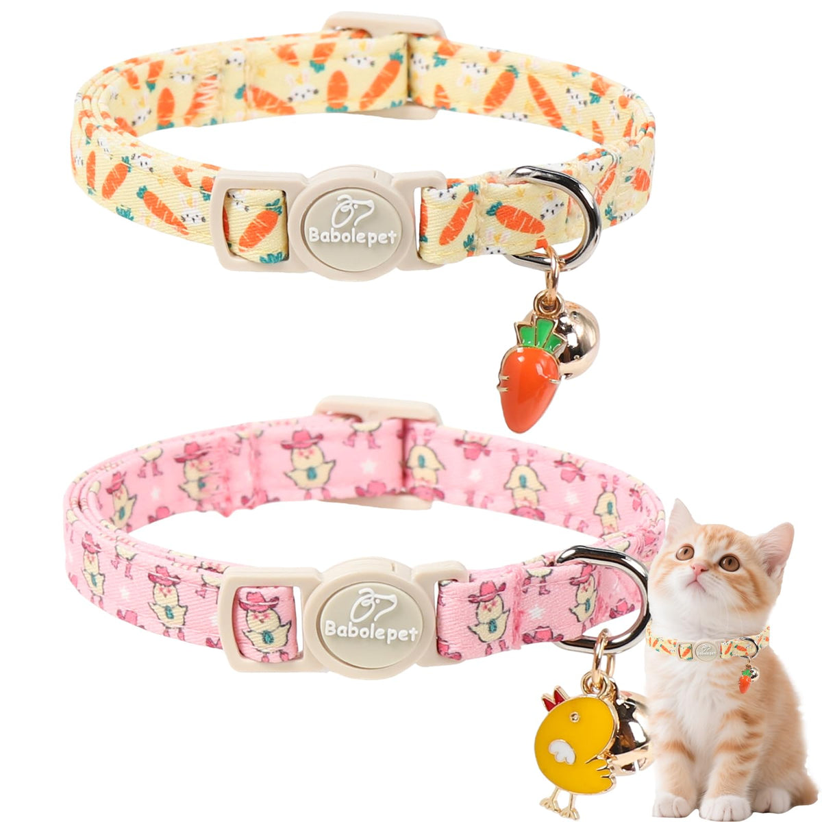 Babole Pet 2 Pack Cat Collars - Cute Breakaway Cat Collar with Bell and Paw Pendant, Soft Adjustable Kitten Collars for Girl Boy Cats