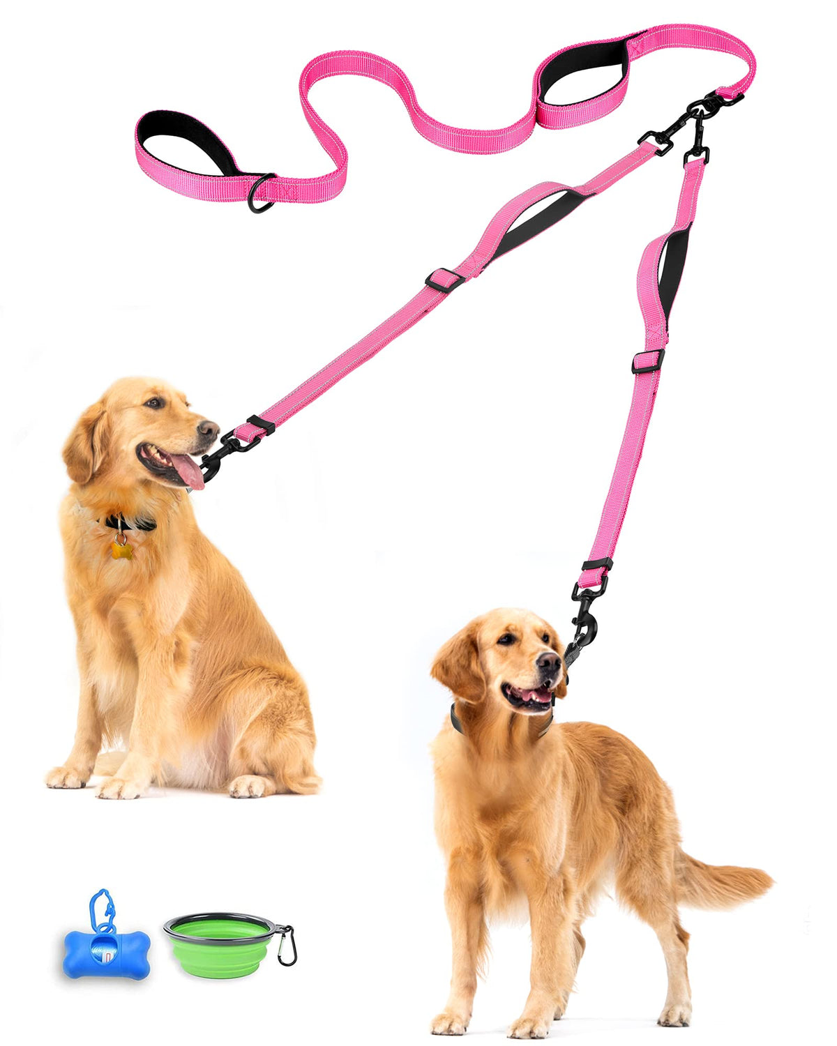 PetBonus Double Dog Leash, No Tangle Dual Leash, Reflective Walking Training Lead, 4 Comfortable Padded Handles for 2 Dogs with Collapsible Bowl and Waste Bags