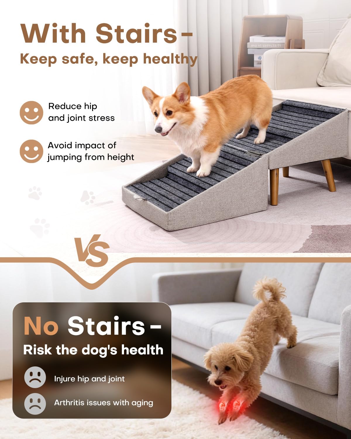Dog Ramp for Bed & Couch, Dog Stairs 21.06 inches High for Large/Medium/Small Doggie,Split Ottoman Foldable 2 in 1 Wooden Pet Steps for Older and Injured Dogs, No-Slip Surface