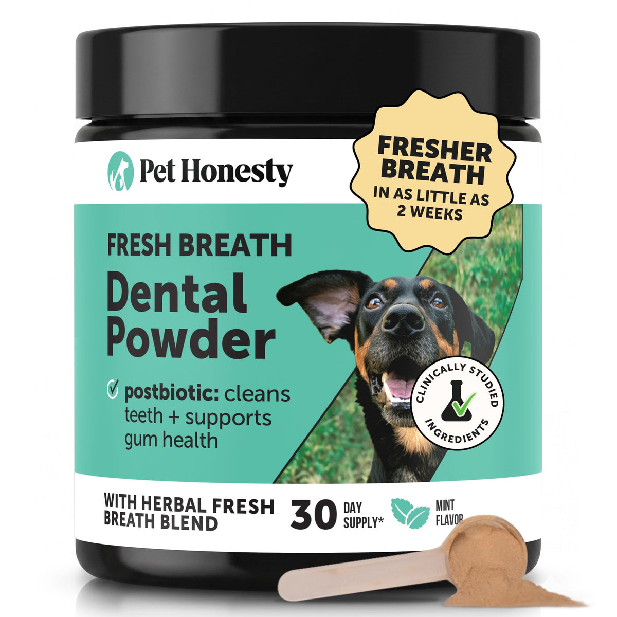 Dog Breath Freshener Dental Powder for Teeth Cleaning Plaque Off, Dental Care for Dogs, Tartar Remover for Teeth with Natural Herbal Blend + Postbiotcs