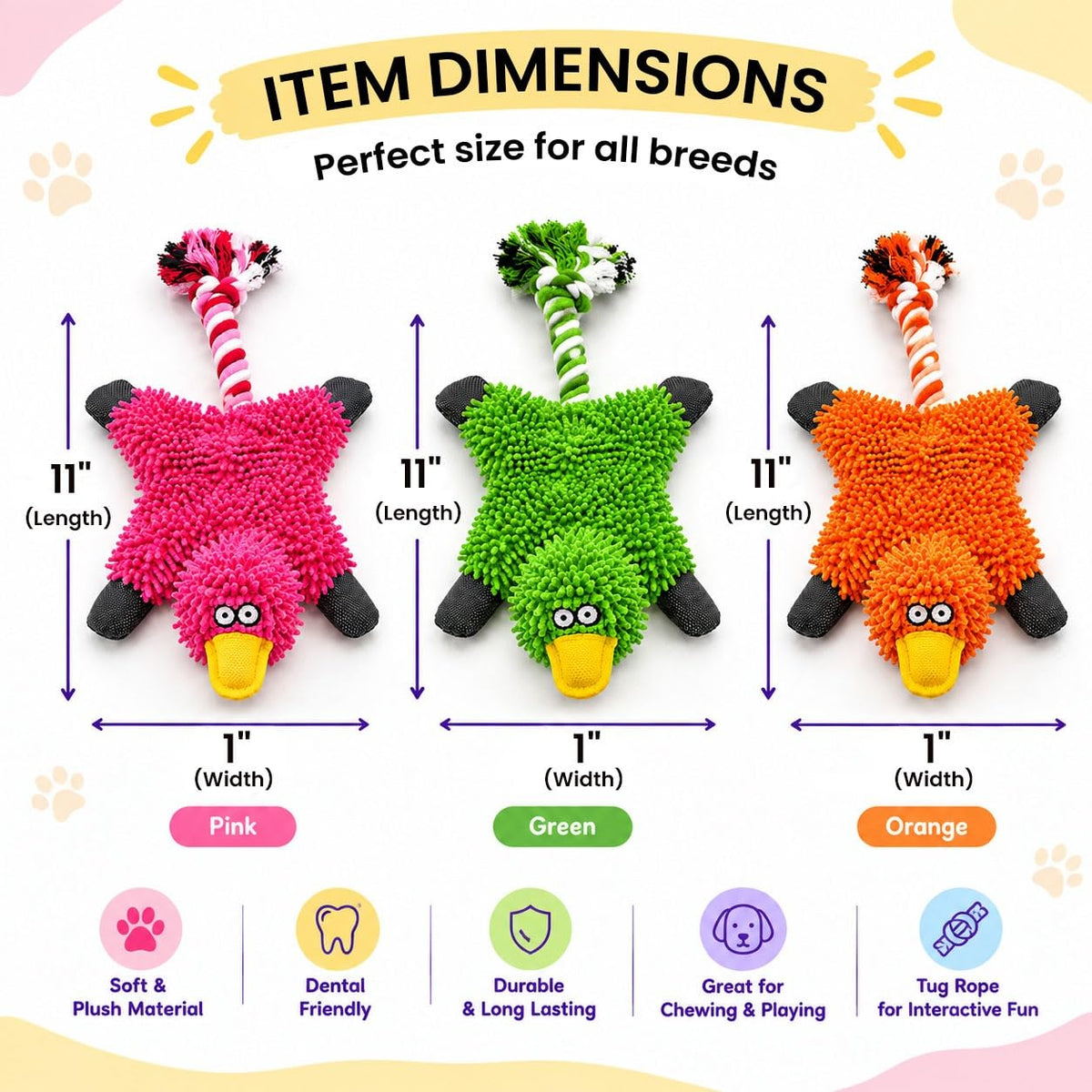 TAILTRAILS Colorful Duck Dog Toy for Aggressive Chewers, Plush Chew & Tug Toy with Textured Body and Rope Tail, Interactive Puppy Toy for Small, Medium & Large Dogs, 1 Unit, Random Color