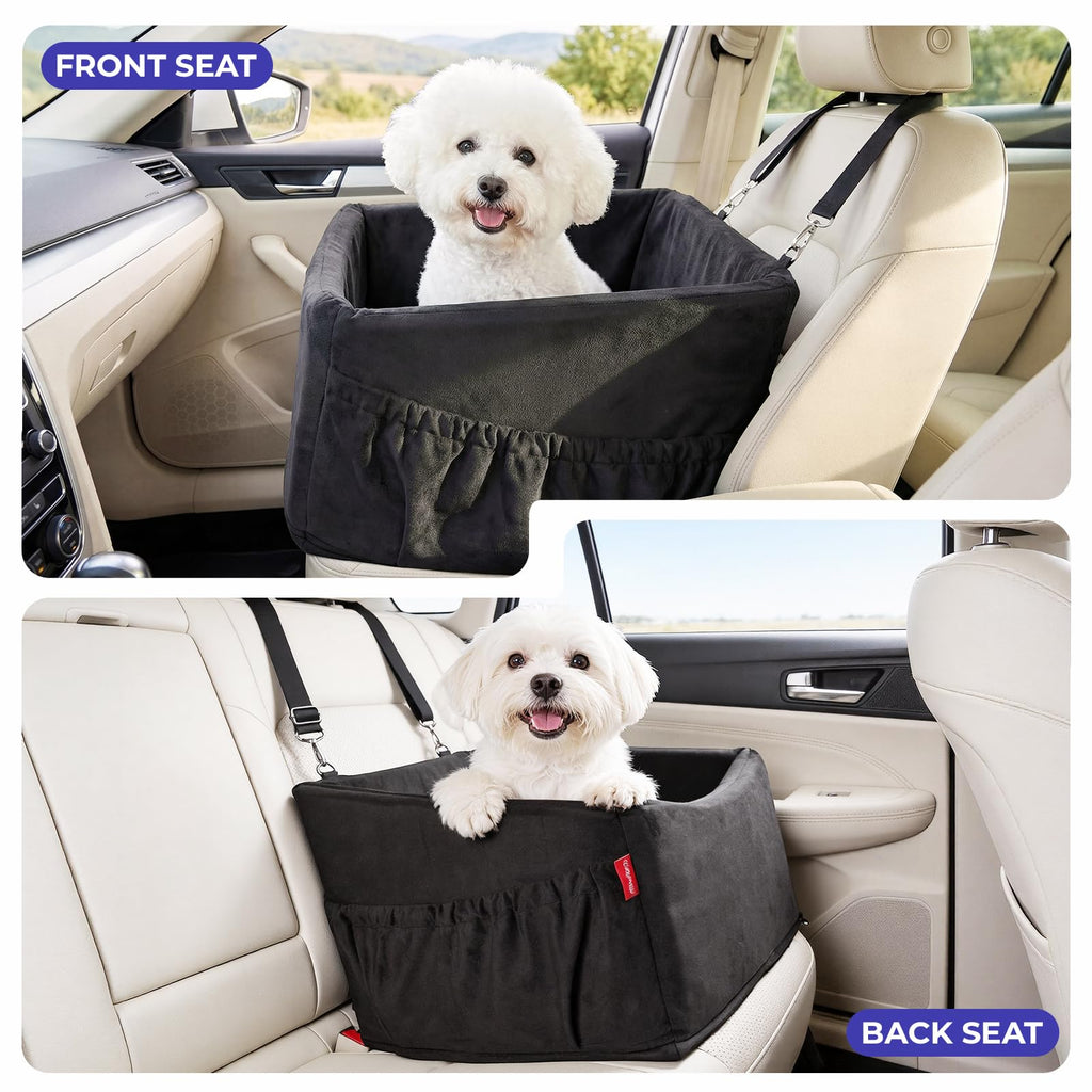 BurgeonNest Dog Car Seat for Small Dogs Under 25 lbs, Puppy Booster Car Seat Fully Detachable and Washable Dog Bed with Storage Pockets Portable Carrier