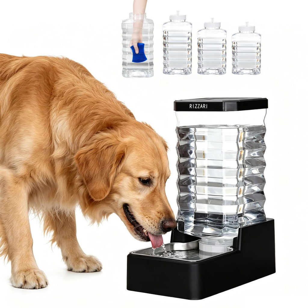RIZZARI Stainless Steel Pet Water Feeder: Automatic Leak-Proof Gravity Dispenser for Cats Dogs Indoor Outdoor Use