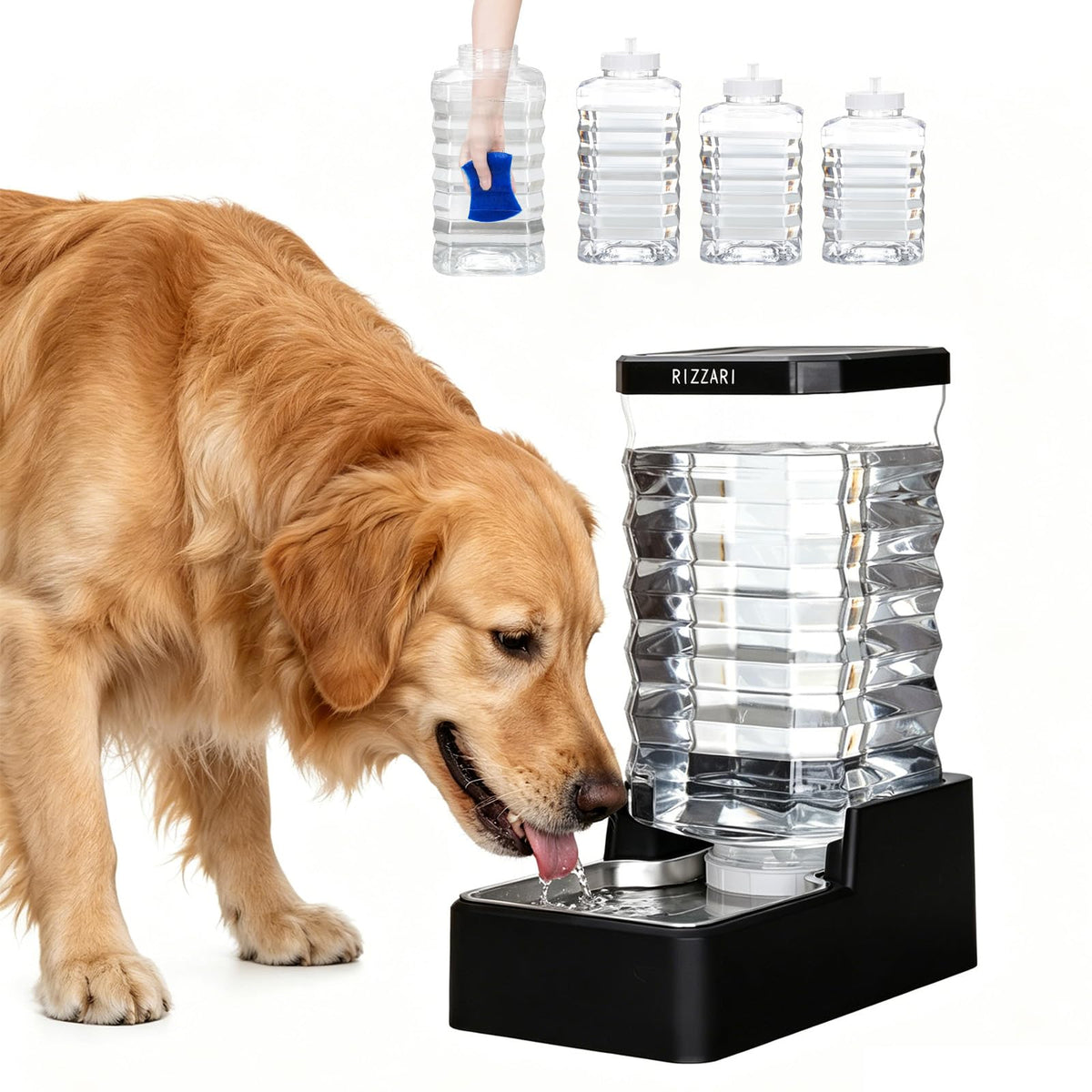 RIZZARI Stainless Steel Pet Water Feeder: Automatic Leak-Proof Gravity Dispenser for Cats Dogs Indoor Outdoor Use
