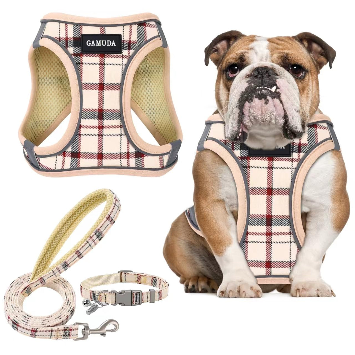 GAMUDA Small Pet Harness Collar and Leash Set, Step in No Chock No Pull Soft Mesh Adjustable Dog Vest Harnesses Plaid Reflective for Dogs Puppy Cats Kitten Rabbit