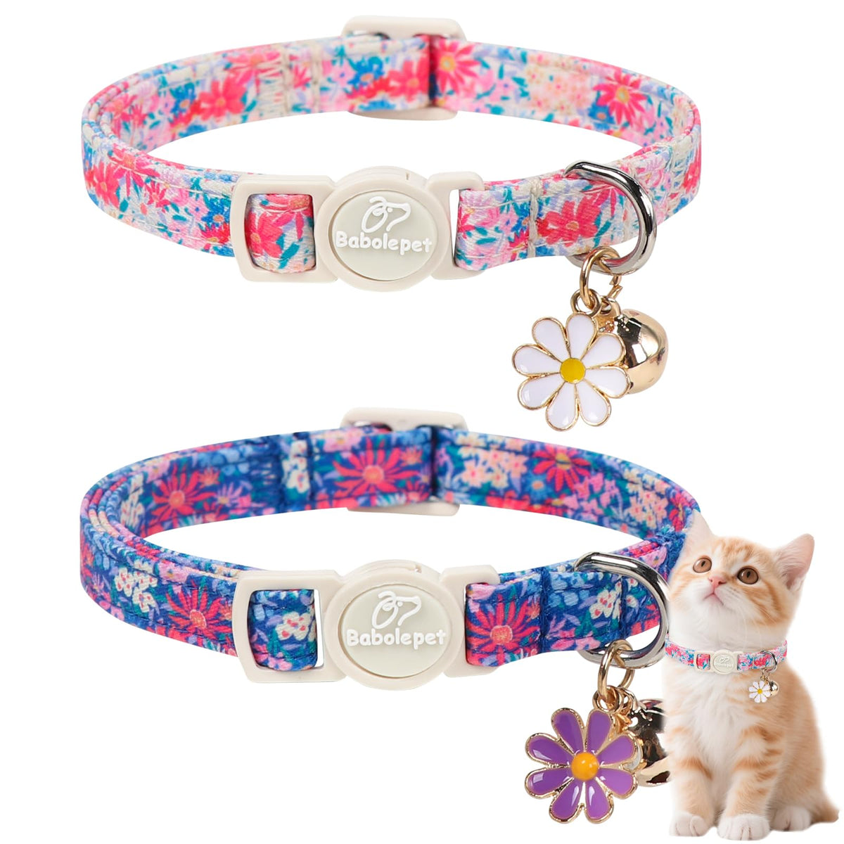 Babole Pet 2 Pack Cat Collars - Cute Breakaway Cat Collar with Bell and Paw Pendant, Soft Adjustable Kitten Collars for Girl Boy Cats