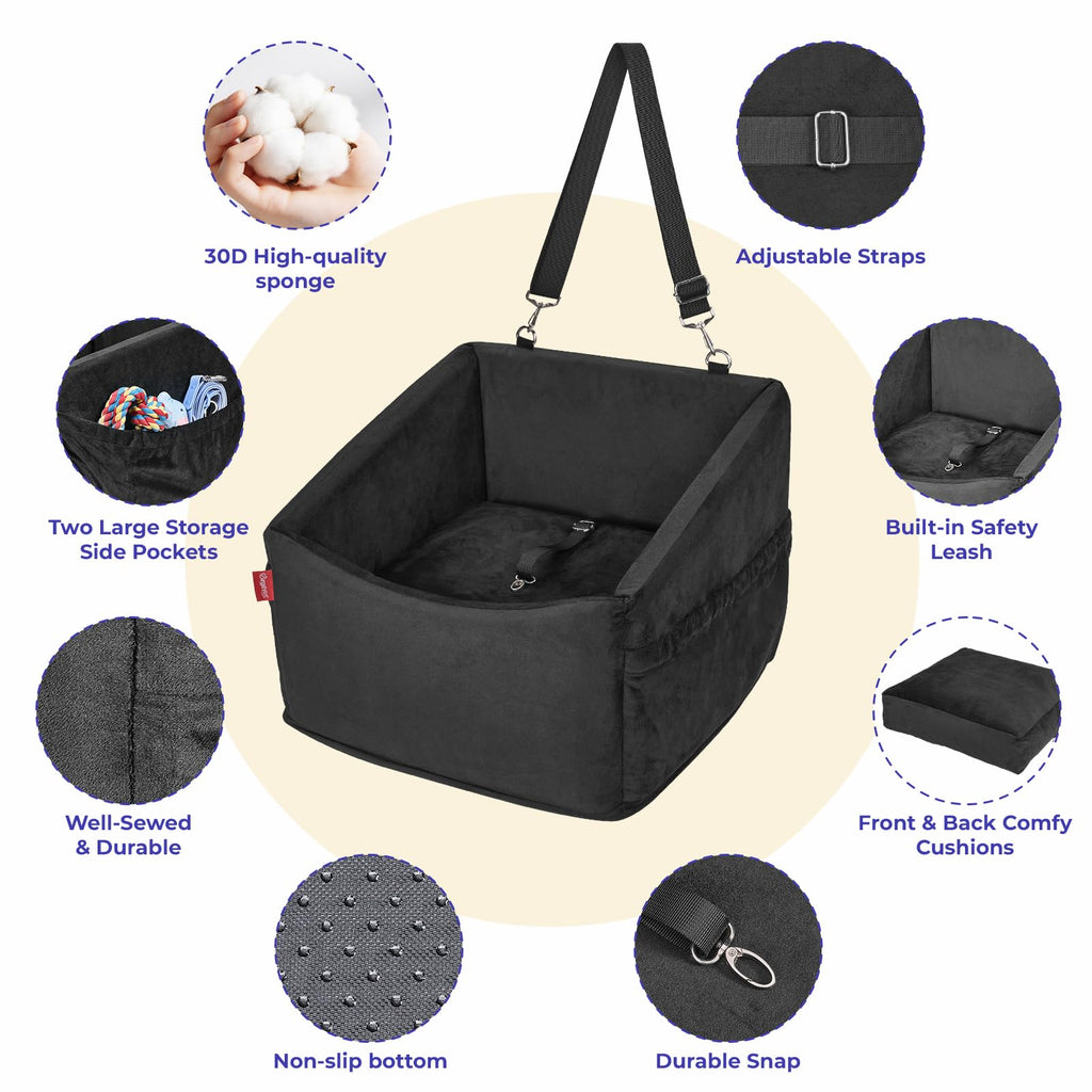 BurgeonNest Dog Car Seat for Small Dogs Under 25 lbs, Puppy Booster Car Seat Fully Detachable and Washable Dog Bed with Storage Pockets Portable Carrier