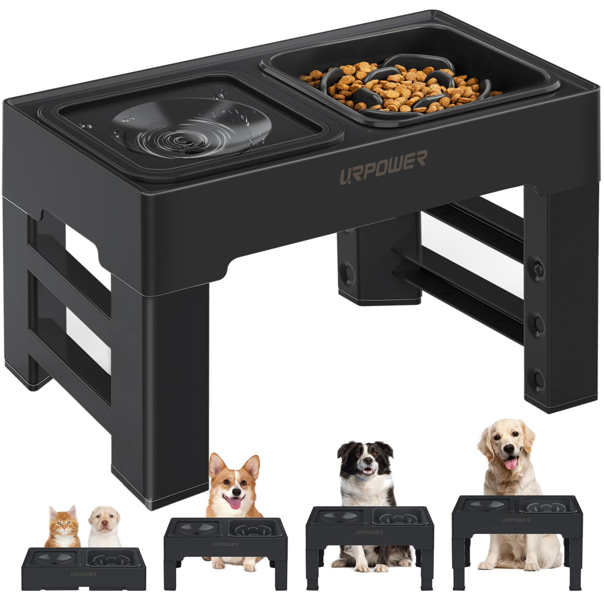 URPOWER 2-in-1 Elevated Slow Feeder Dog Bowls with No-Spill Water Bowl