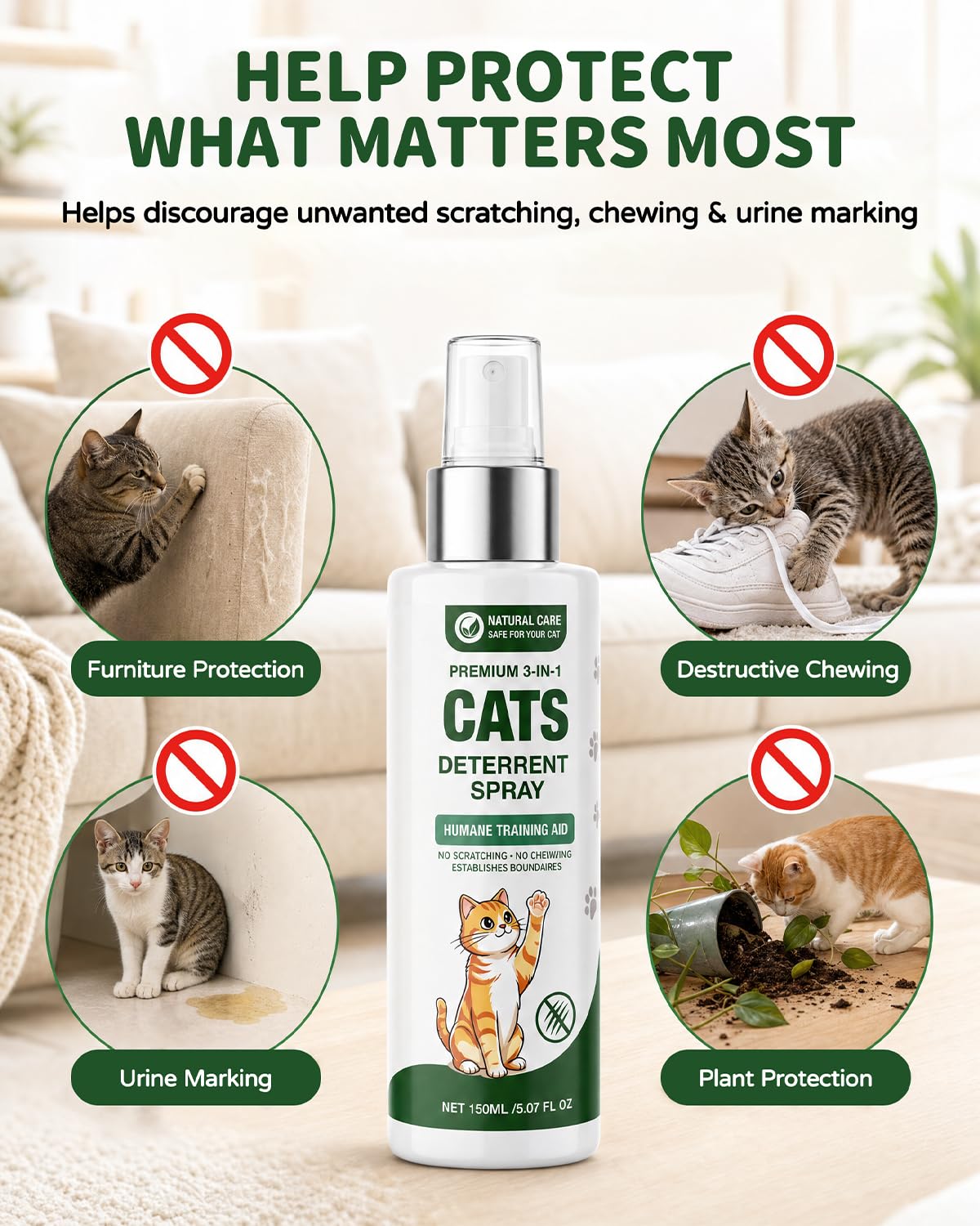 Cat Deterrent Spray for Furniture, Plant-Based Indoor & Outdoor, 5.07 fl oz