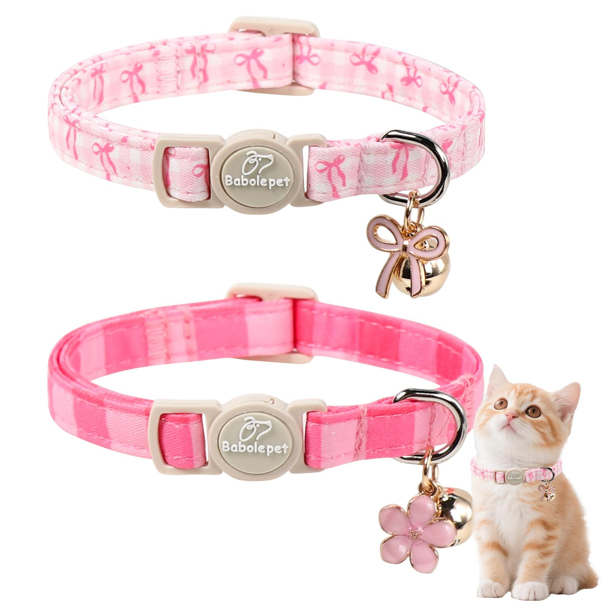 Babole Pet 2 Pack Cat Collars - Cute Breakaway Cat Collar with Bell and Paw Pendant, Soft Adjustable Kitten Collars for Girl Boy Cats