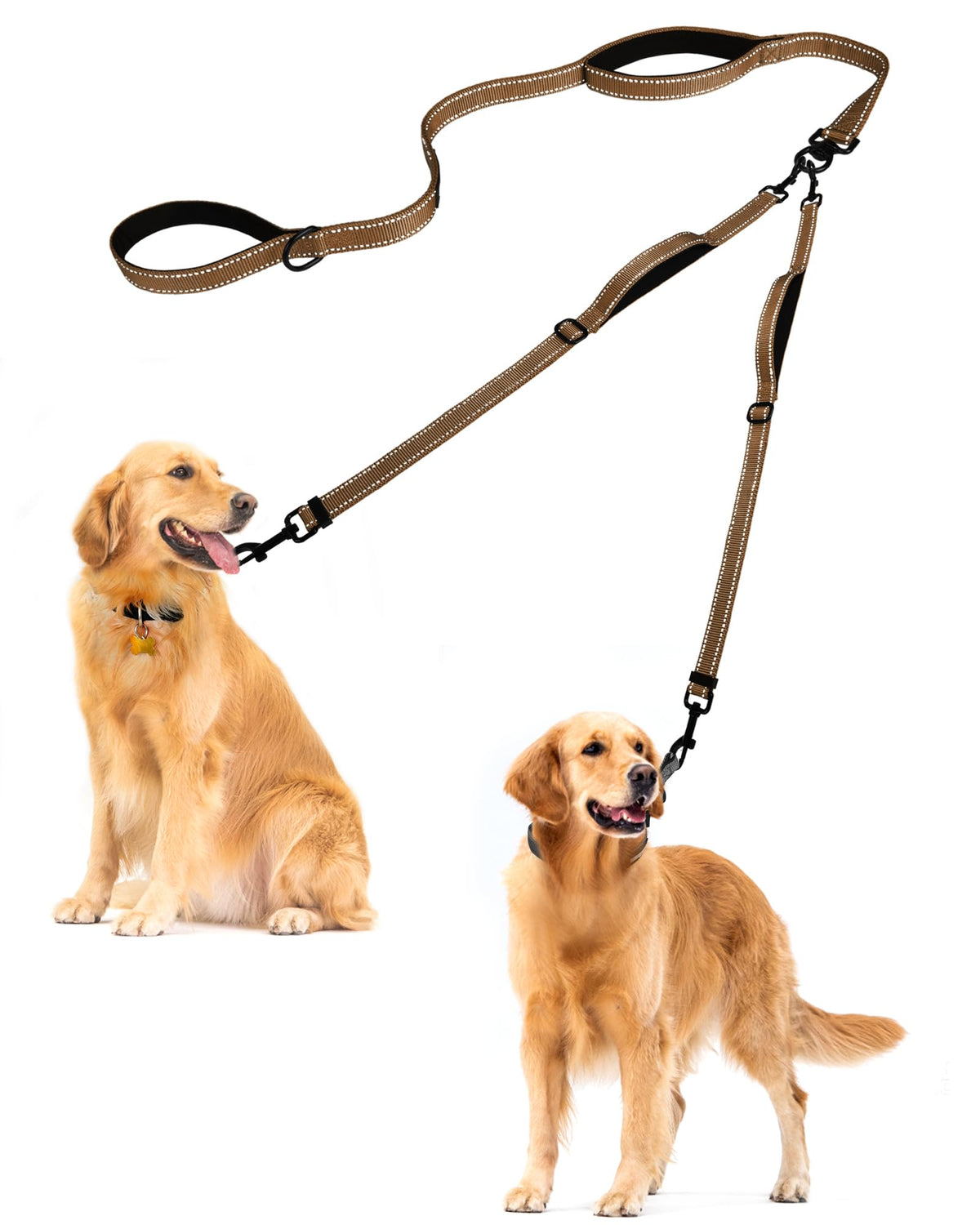 PetBonus Double Dog Leash, No Tangle Dual Leash, Reflective Walking Training Lead, 4 Comfortable Padded Handles for 2 Dogs with Collapsible Bowl and Waste Bags
