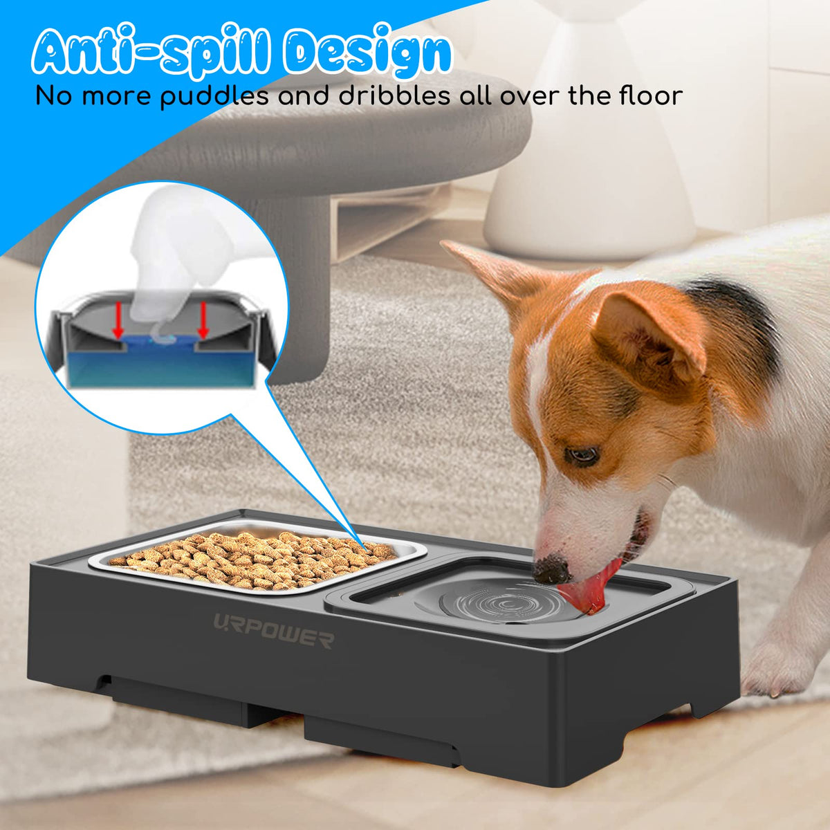 URPOWER 2-in-1 Elevated Slow Feeder Dog Bowls with No-Spill Water Bowl