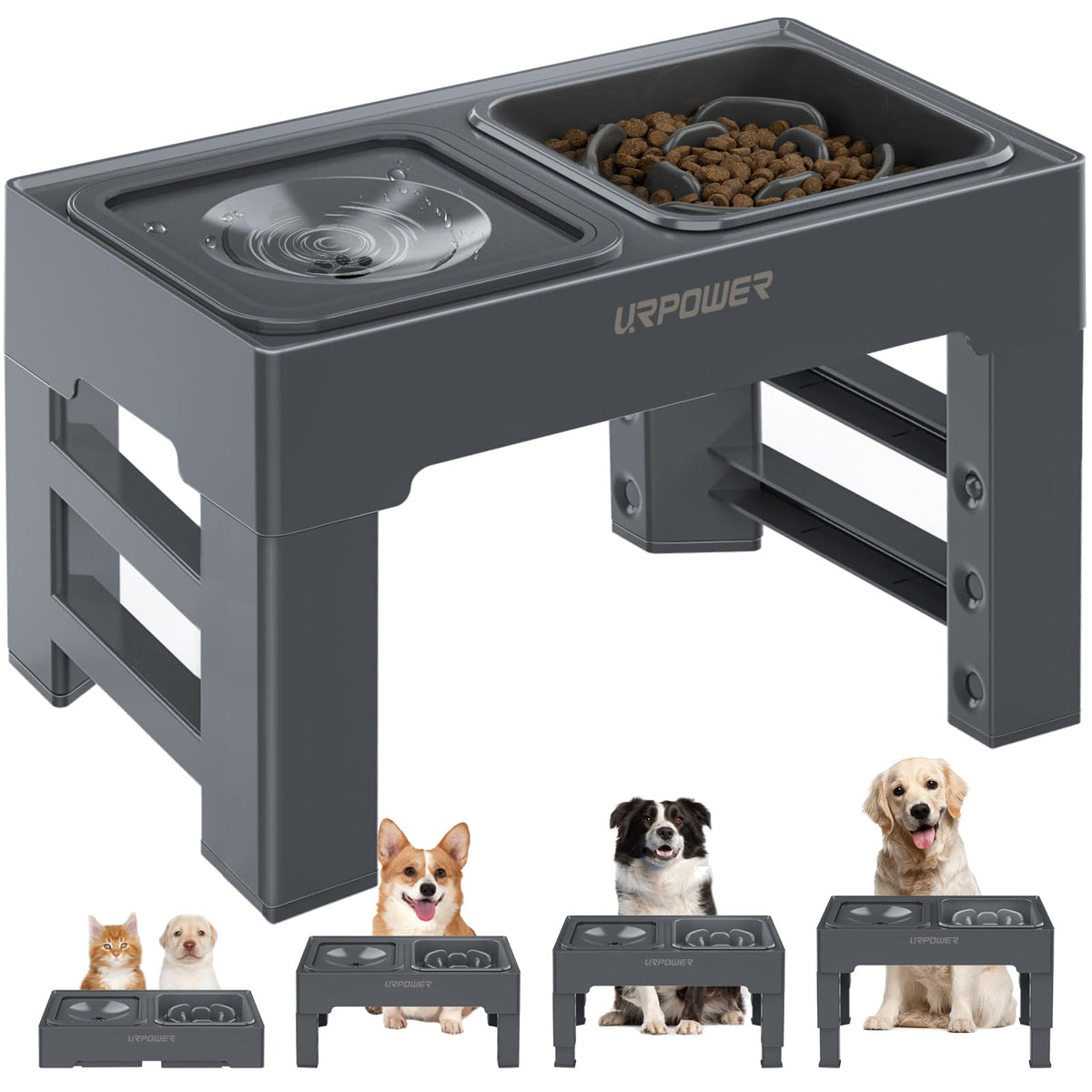 URPOWER 2-in-1 Elevated Slow Feeder Dog Bowls with No-Spill Water Bowl