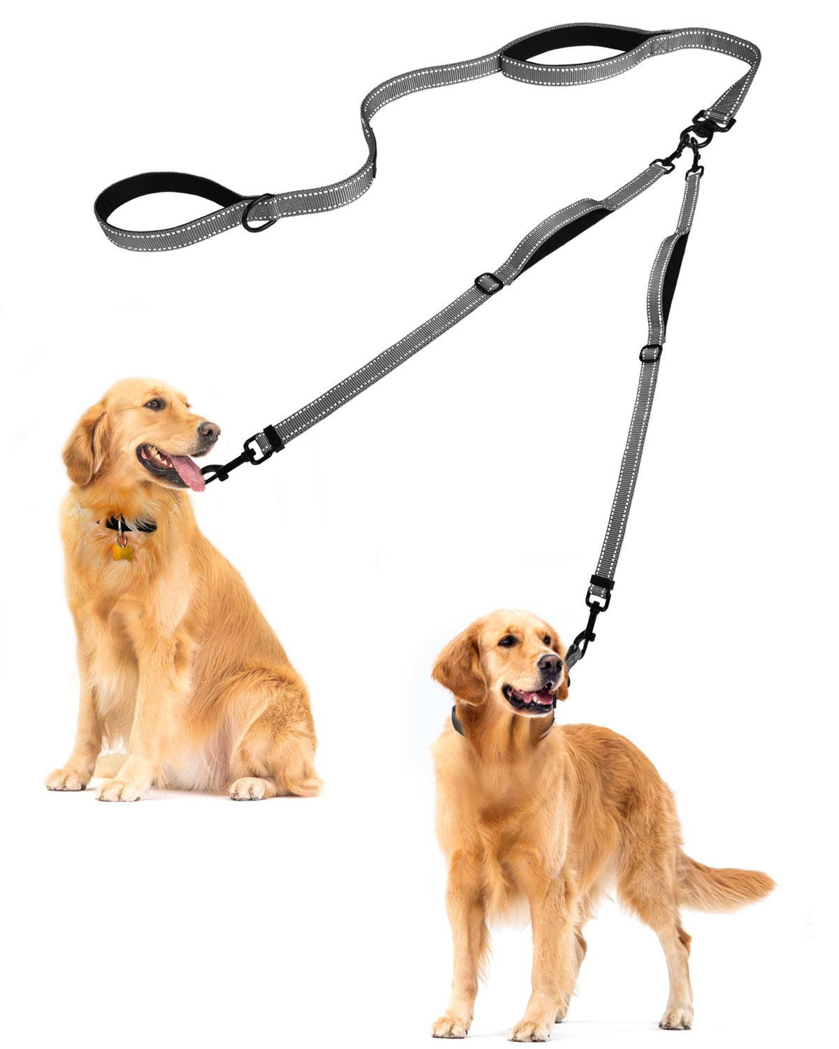 PetBonus Double Dog Leash, No Tangle Dual Leash, Reflective Walking Training Lead, 4 Comfortable Padded Handles for 2 Dogs with Collapsible Bowl and Waste Bags