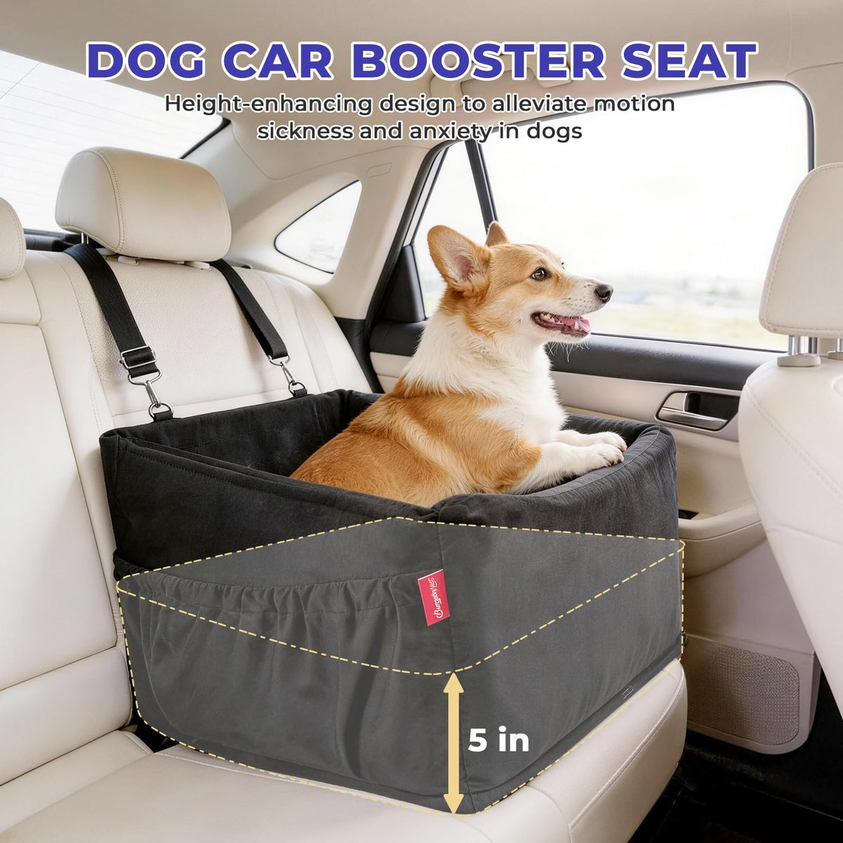 BurgeonNest Dog Car Seat for Small Dogs Under 25 lbs, Puppy Booster Car Seat Fully Detachable and Washable Dog Bed with Storage Pockets Portable Carrier