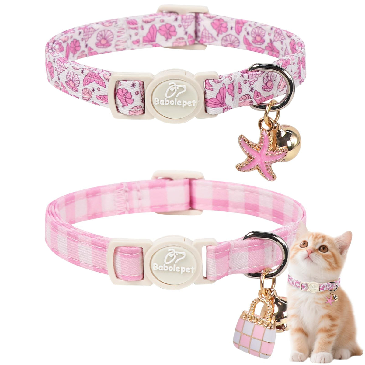 Babole Pet 2 Pack Cat Collars - Cute Breakaway Cat Collar with Bell and Paw Pendant, Soft Adjustable Kitten Collars for Girl Boy Cats
