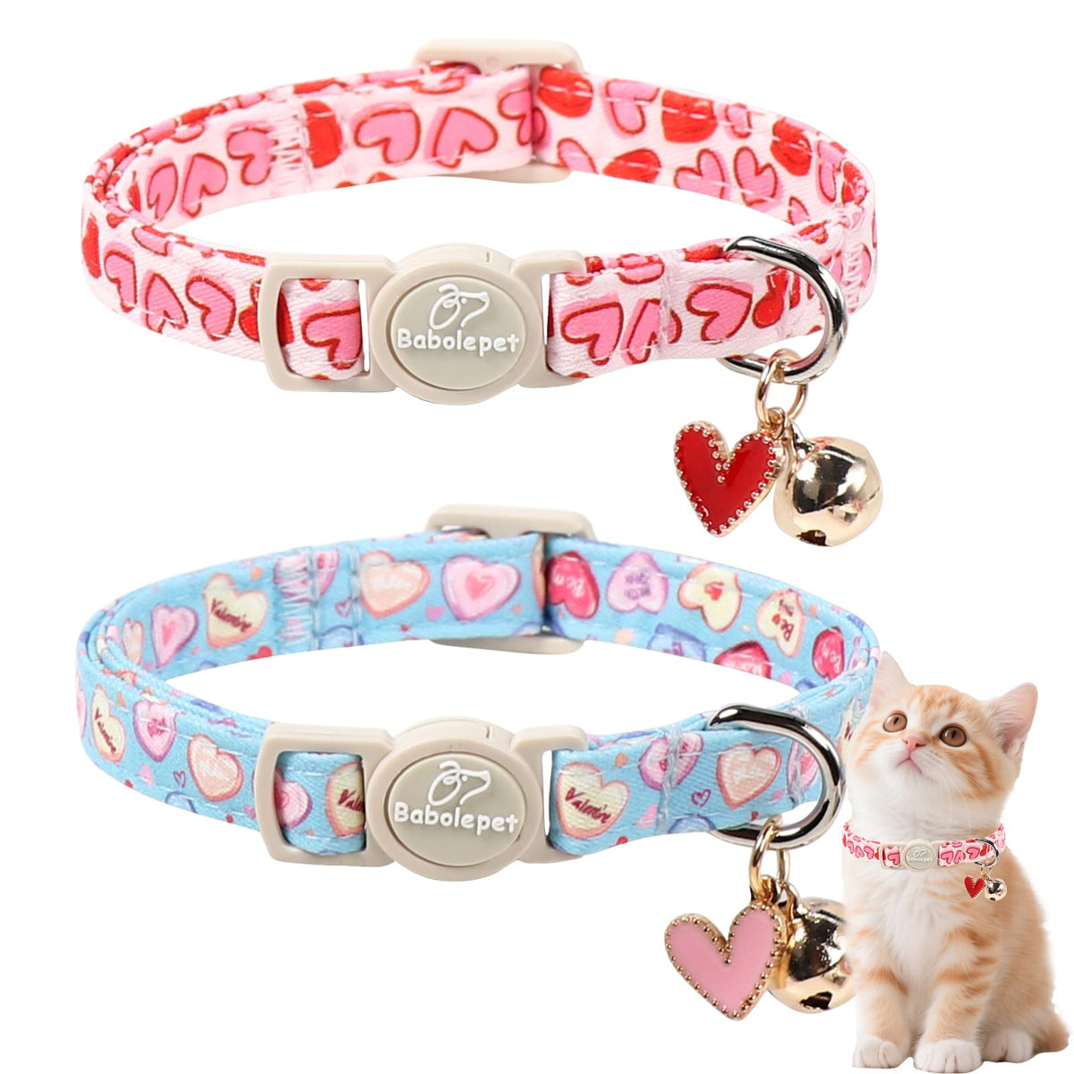 Babole Pet 2 Pack Cat Collars - Cute Breakaway Cat Collar with Bell and Paw Pendant, Soft Adjustable Kitten Collars for Girl Boy Cats