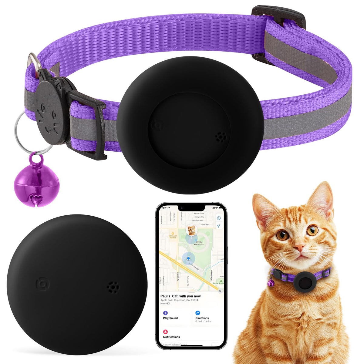 Cat Tracker with Collar Breakaway - Tracking Pet Collar with Finder Tag