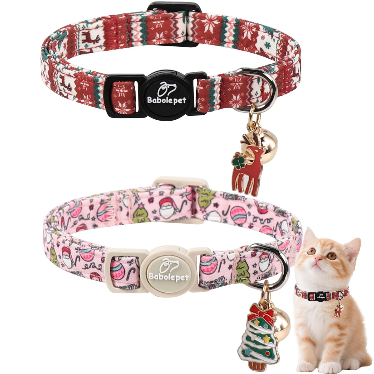 Babole Pet 2 Pack Cat Collars - Cute Breakaway Cat Collar with Bell and Paw Pendant, Soft Adjustable Kitten Collars for Girl Boy Cats
