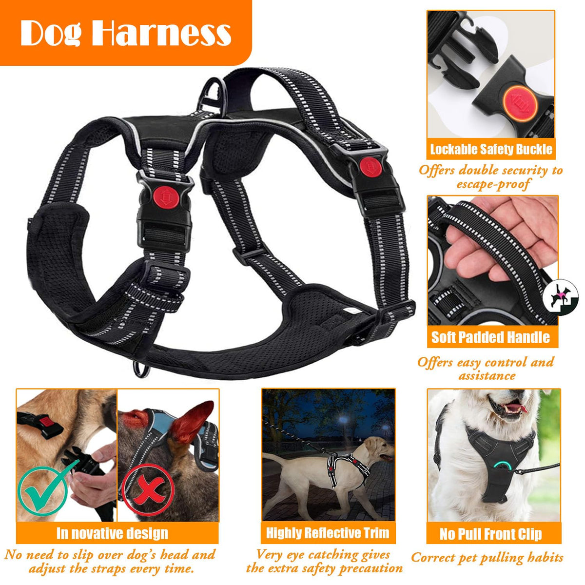 Lobeve No Pull Dog Harness, Collar & Leash Set with Reflective Seat Belt, Portable Bowl, and Poop Bag Dispenser - Ideal for Training, Walking, Hiking - Fits Small to Large Dogs