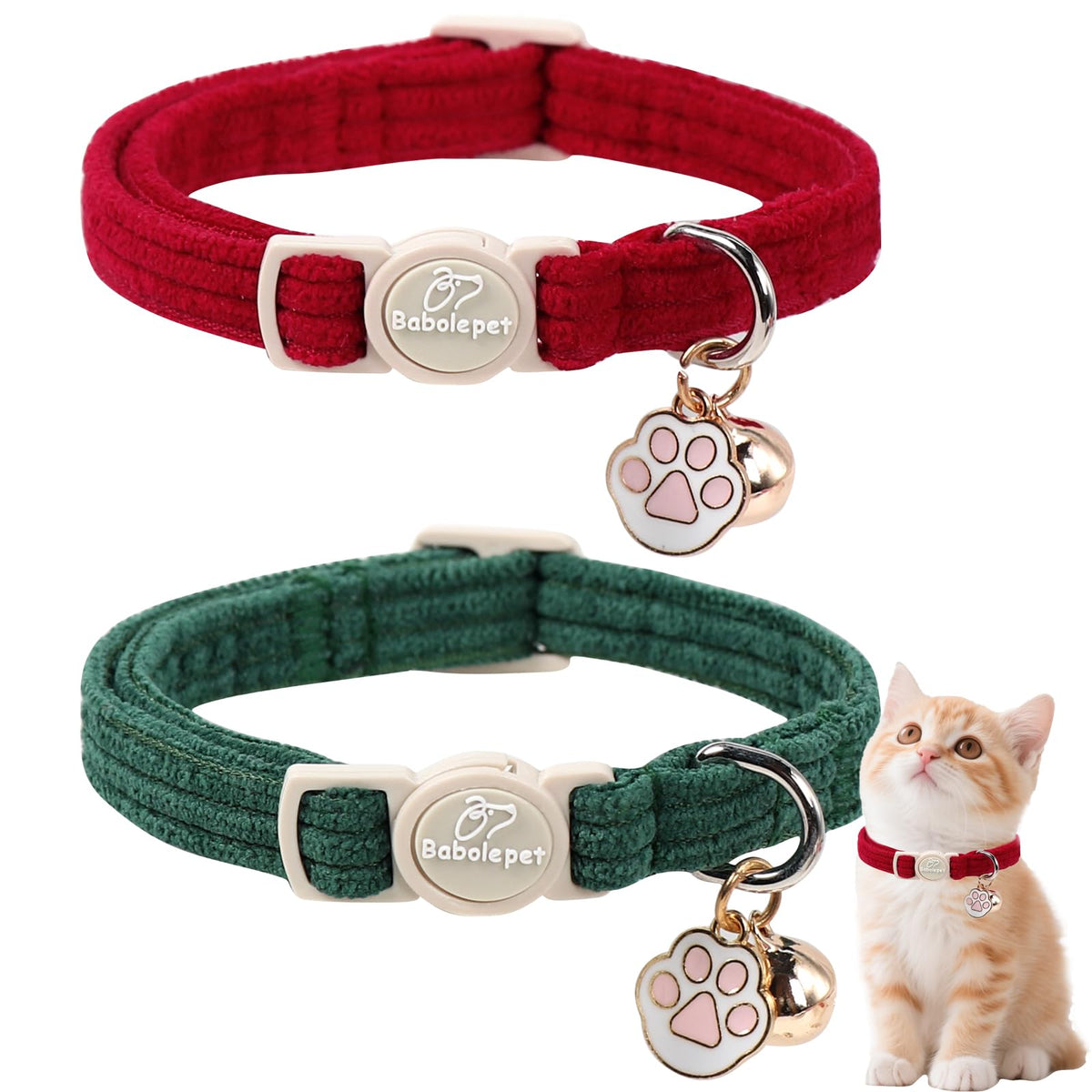 Babole Pet 2 Pack Cat Collars - Cute Breakaway Cat Collar with Bell and Paw Pendant, Soft Adjustable Kitten Collars for Girl Boy Cats