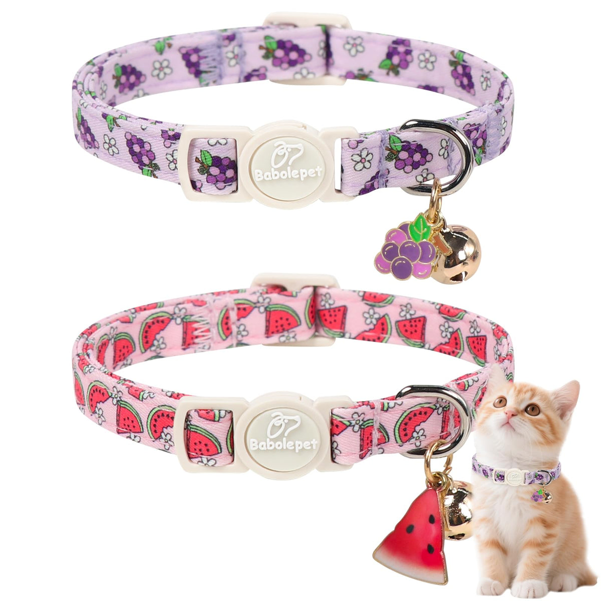 Babole Pet 2 Pack Cat Collars - Cute Breakaway Cat Collar with Bell and Paw Pendant, Soft Adjustable Kitten Collars for Girl Boy Cats