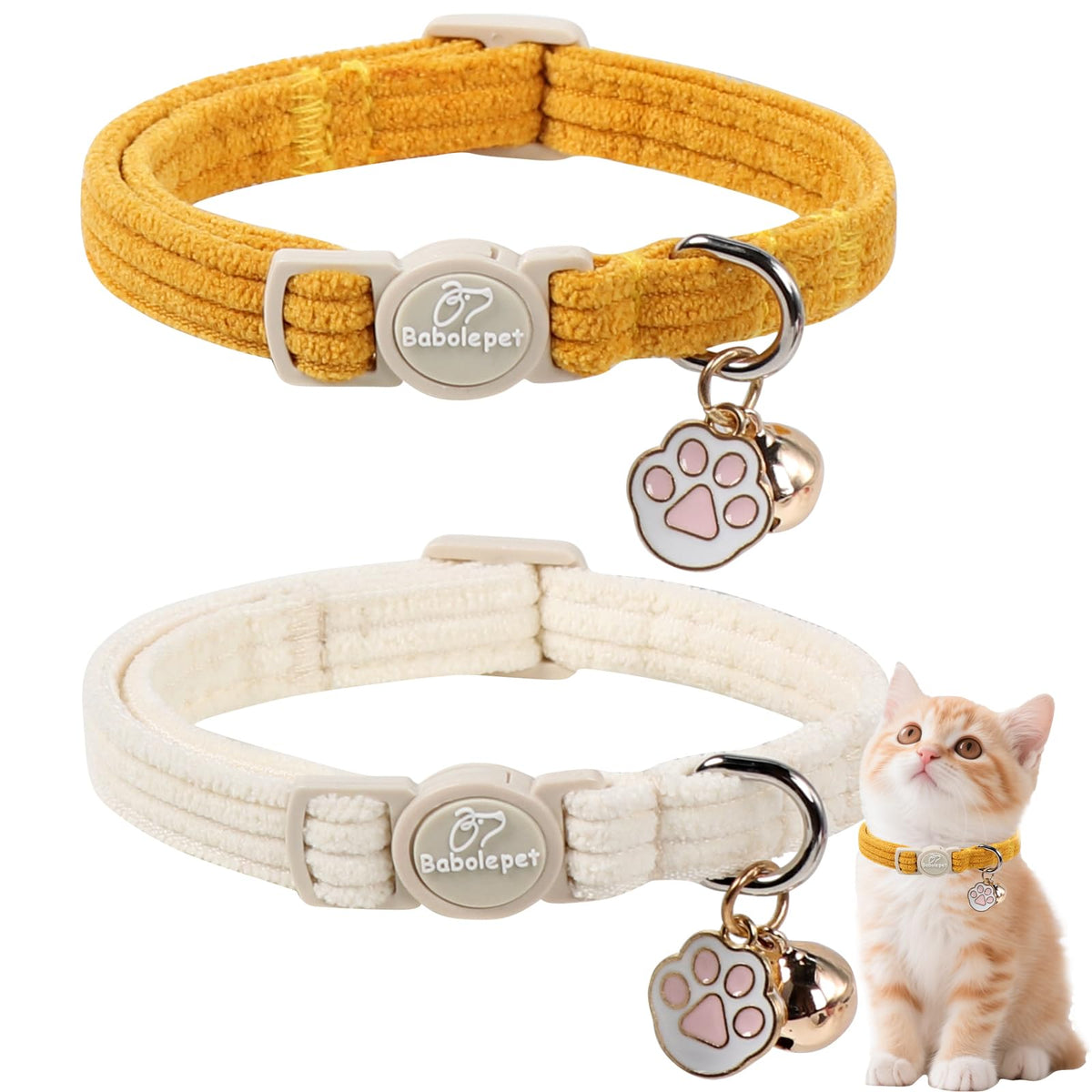 Babole Pet 2 Pack Cat Collars - Cute Breakaway Cat Collar with Bell and Paw Pendant, Soft Adjustable Kitten Collars for Girl Boy Cats