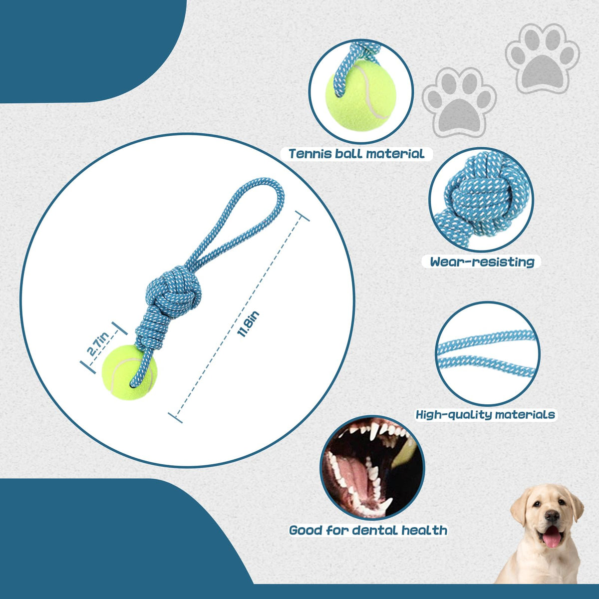Erhalithegro Dog Rope Toy for Aggressive Chewers Interactive Dog Toy Tug of War Dog Toy Rope Tether Tug Outdoor Dog Toy 1 Knot Puppy Teething Chew Cotton Rope with Tennis Ball