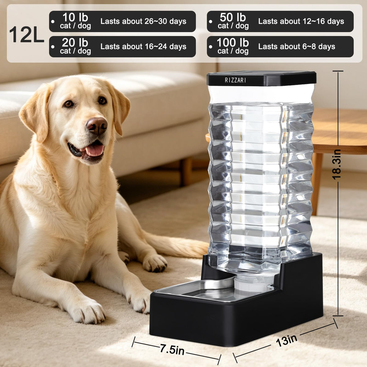 RIZZARI Stainless Steel Pet Water Feeder: Automatic Leak-Proof Gravity Dispenser for Cats Dogs Indoor Outdoor Use