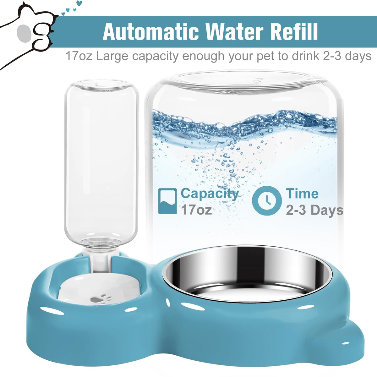 Azwraith Dog Bowls, Cat Food and Water Bowl Set with Water Dispenser and Stainless Steel Bowl for Cats and Small Dogs