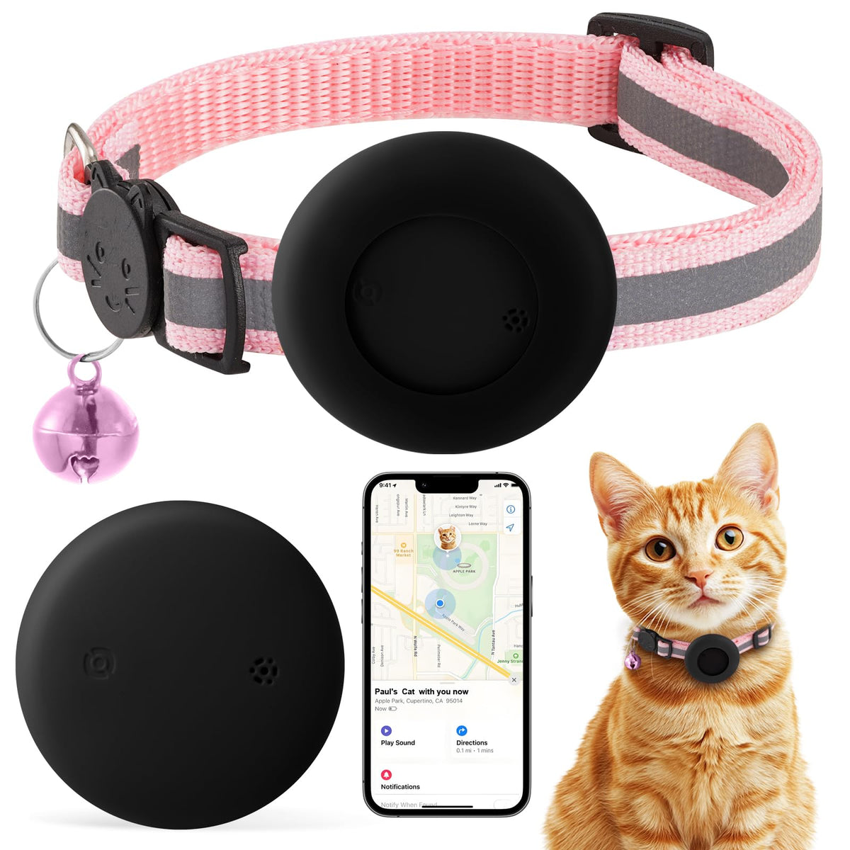 Cat Tracker with Collar Breakaway - Tracking Pet Collar with Finder Tag