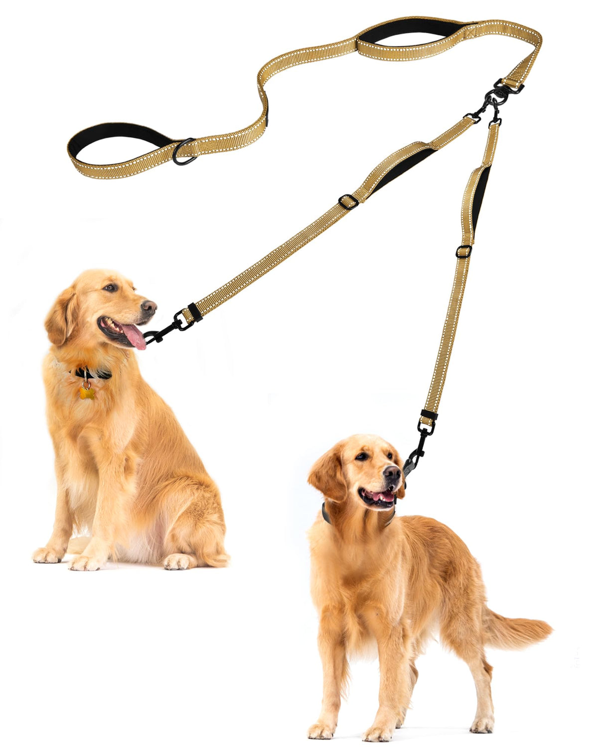 PetBonus Double Dog Leash, No Tangle Dual Leash, Reflective Walking Training Lead, 4 Comfortable Padded Handles for 2 Dogs with Collapsible Bowl and Waste Bags