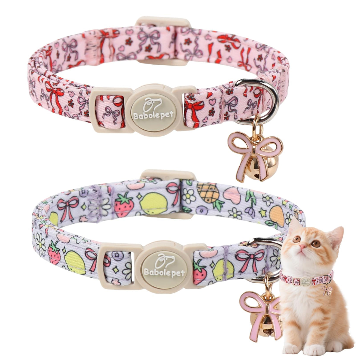 Babole Pet 2 Pack Cat Collars - Cute Breakaway Cat Collar with Bell and Paw Pendant, Soft Adjustable Kitten Collars for Girl Boy Cats