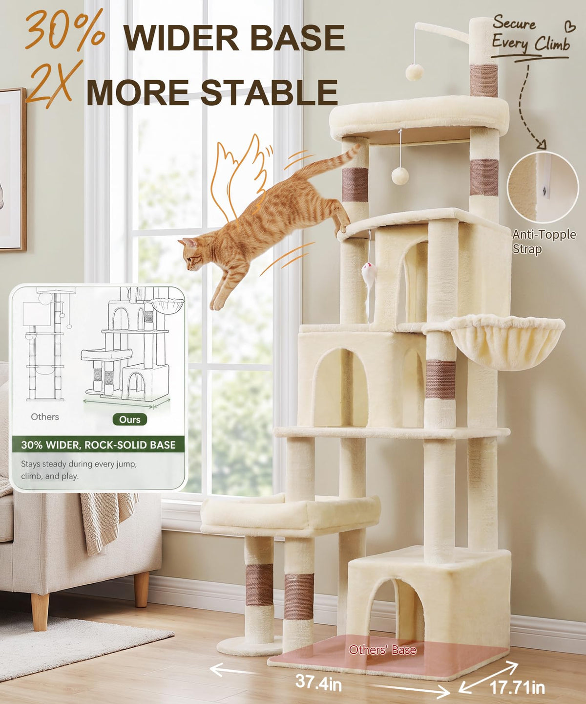 LIKISAK Heavy Duty Cat Tree for Indoor Cat, 74 Inch Cat Tower with Scratching Post, Hanging Basket, Cat Condo with Large Platform for Large Cats