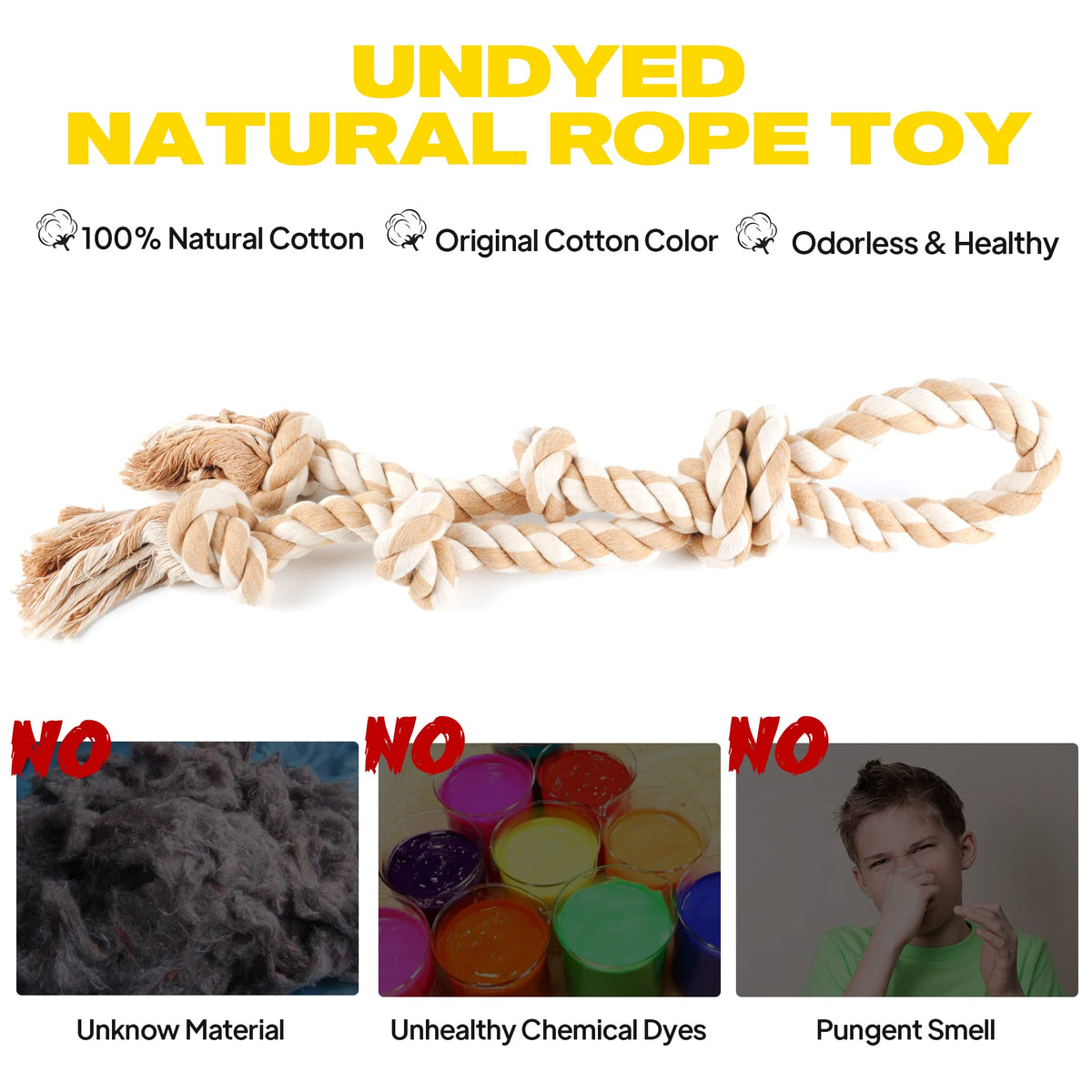 Fida Dog Rope Toys for Medium/Large Aggressive Chewers, Tough Indestructible Natural Cotton Rope, 3 Feet 5 Knots Tug of War Teeth Cleaning
