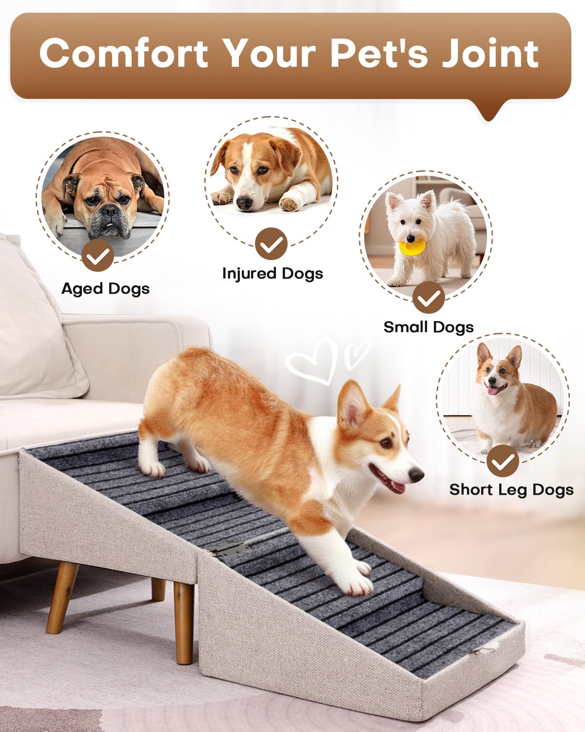 Dog Ramp for Bed & Couch, Dog Stairs 21.06 inches High for Large/Medium/Small Doggie,Split Ottoman Foldable 2 in 1 Wooden Pet Steps for Older and Injured Dogs, No-Slip Surface