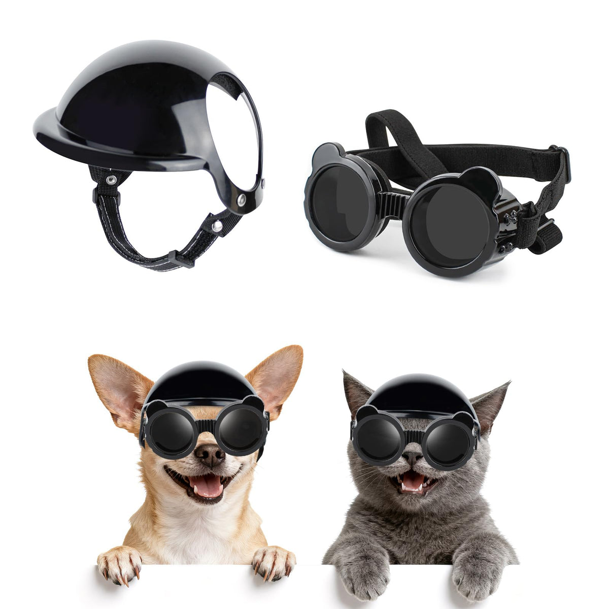 BillionChains Dog Helmet and Goggles for Small Dogs - Pet Motorcycle Hat With Ear Holes, Adjustable Straps, Safety for Puppy Riding
