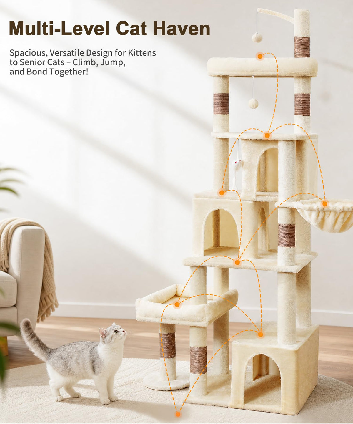 LIKISAK Heavy Duty Cat Tree for Indoor Cat, 74 Inch Cat Tower with Scratching Post, Hanging Basket, Cat Condo with Large Platform for Large Cats