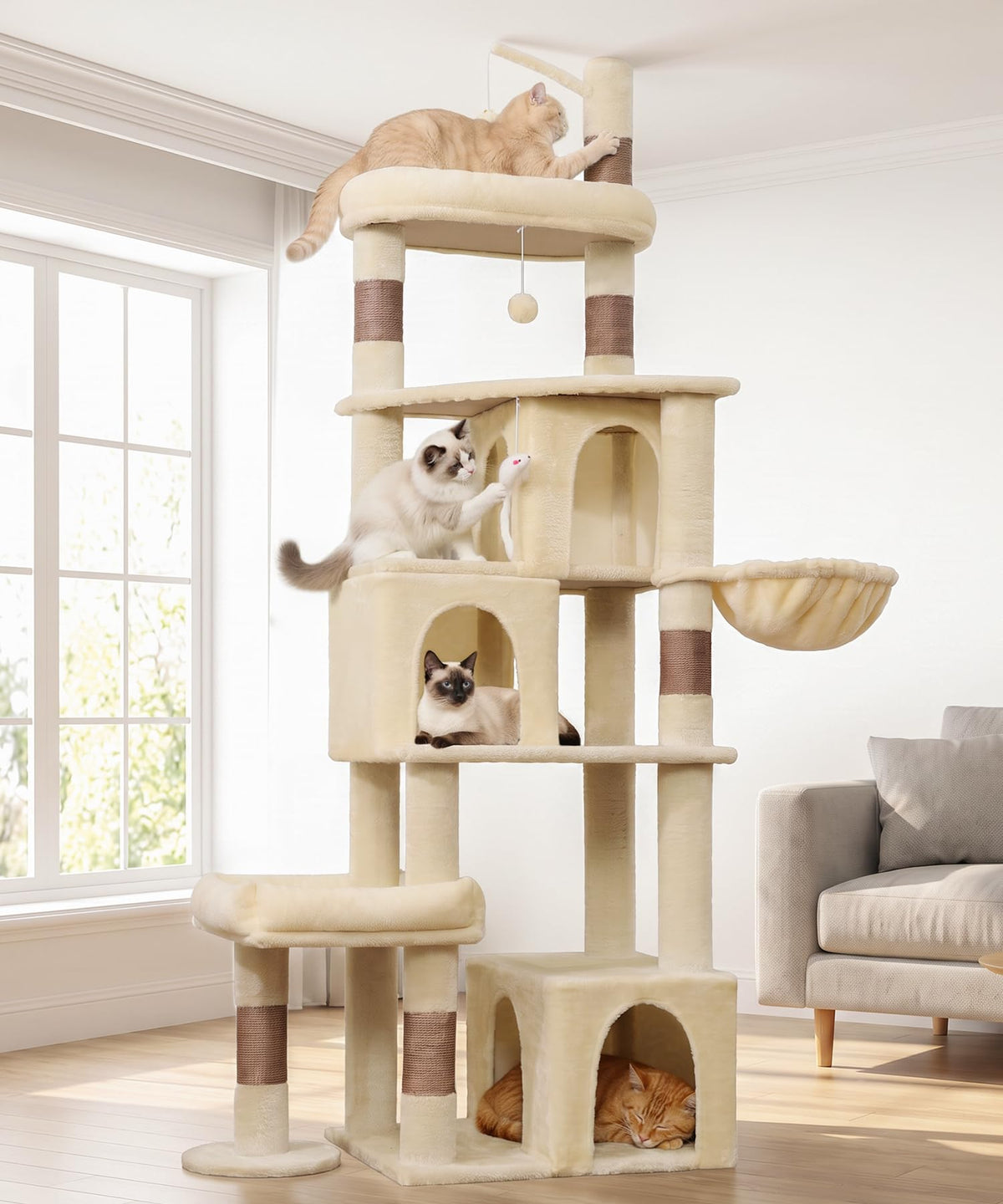 LIKISAK Heavy Duty Cat Tree for Indoor Cat, 74 Inch Cat Tower with Scratching Post, Hanging Basket, Cat Condo with Large Platform for Large Cats