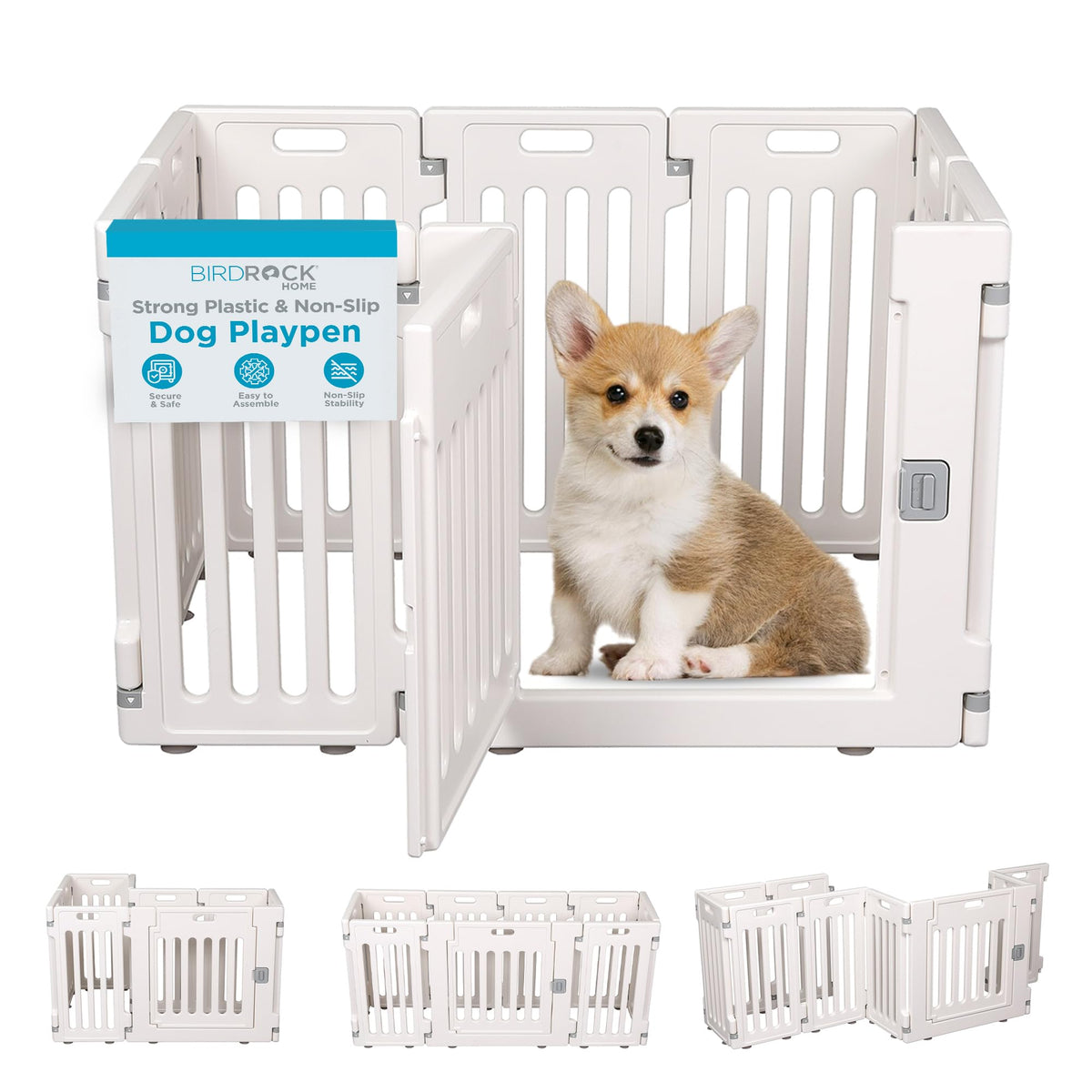 BIRDROCK HOME Dog Playpen w/Door, 12 Panel, 25.6in H | Strong Plastic, Non-Slip Puppy Playpen, Secure Pet Gate | Indoor Outdoor Fence | Configurable Panels | Small to Medium Pets