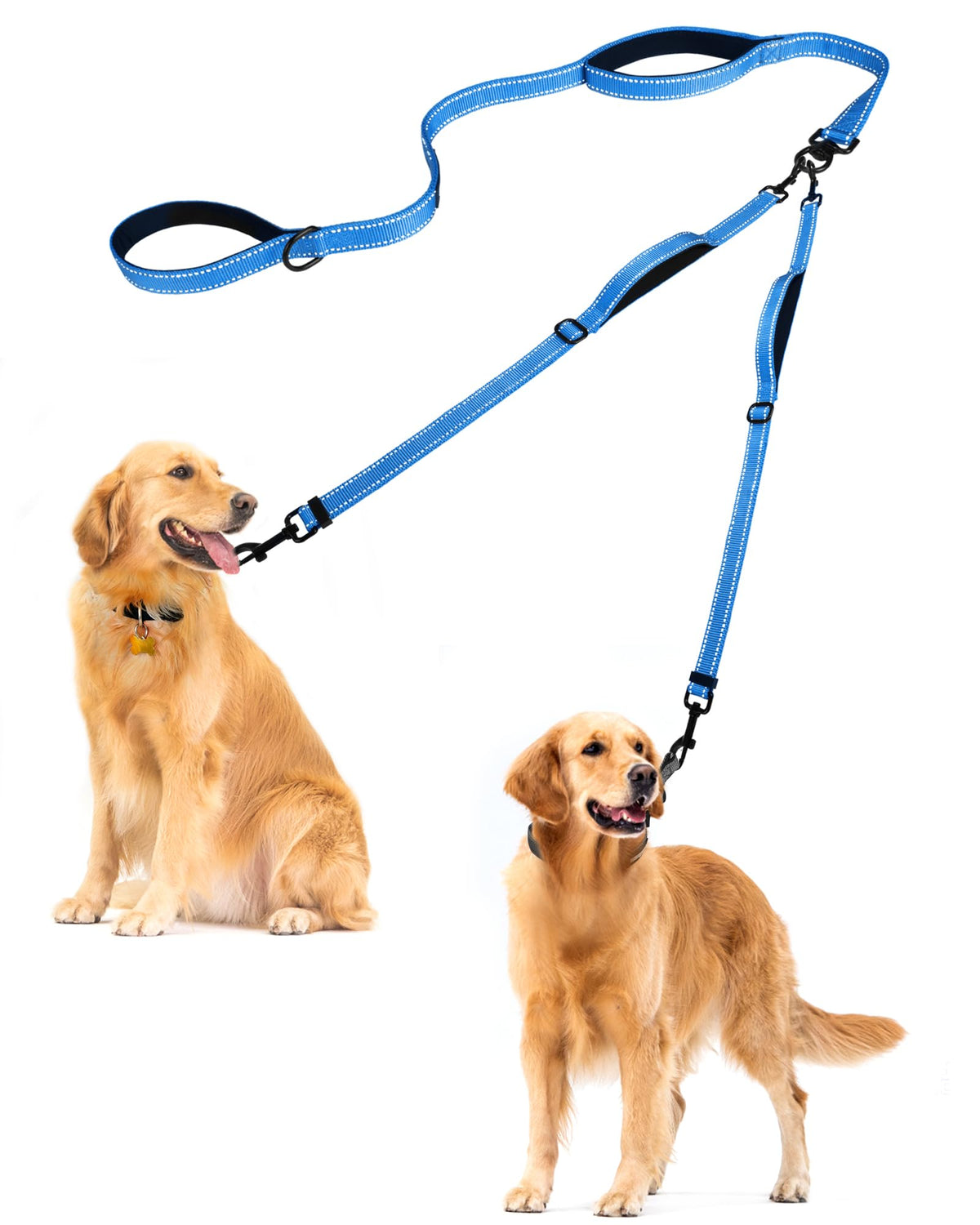 PetBonus Double Dog Leash, No Tangle Dual Leash, Reflective Walking Training Lead, 4 Comfortable Padded Handles for 2 Dogs with Collapsible Bowl and Waste Bags