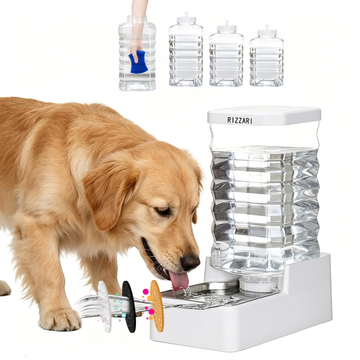 RIZZARI Stainless Steel Pet Water Feeder: Automatic Leak-Proof Gravity Dispenser for Cats Dogs Indoor Outdoor Use
