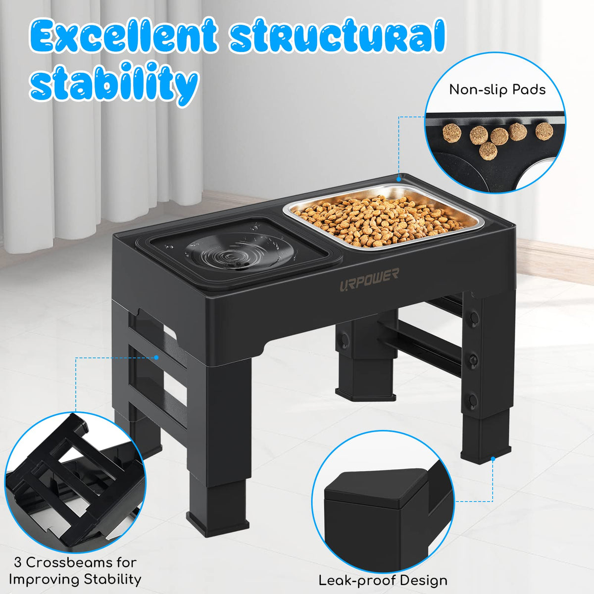URPOWER 2-in-1 Elevated Slow Feeder Dog Bowls with No-Spill Water Bowl