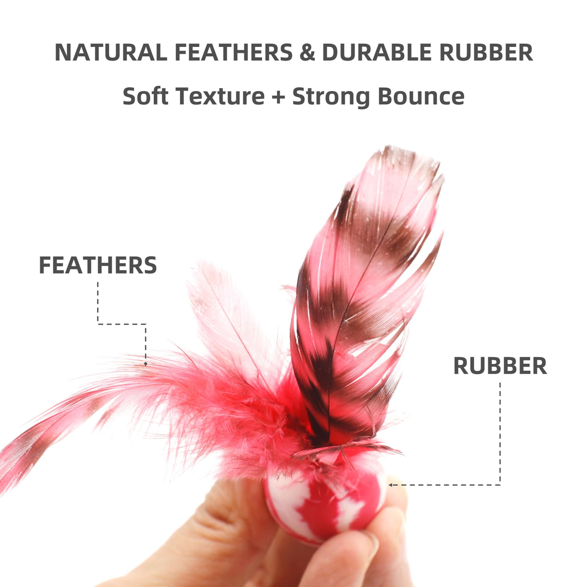ZAYLUMO Feather Chase & Fetch Balls for Indoor Cats – 5 Pack Durable Rubber Cat Toys with Natural Feathers, Interactive Exercise & Hunting Play, Bouncy Balls for Active Kittens and Adult Cats