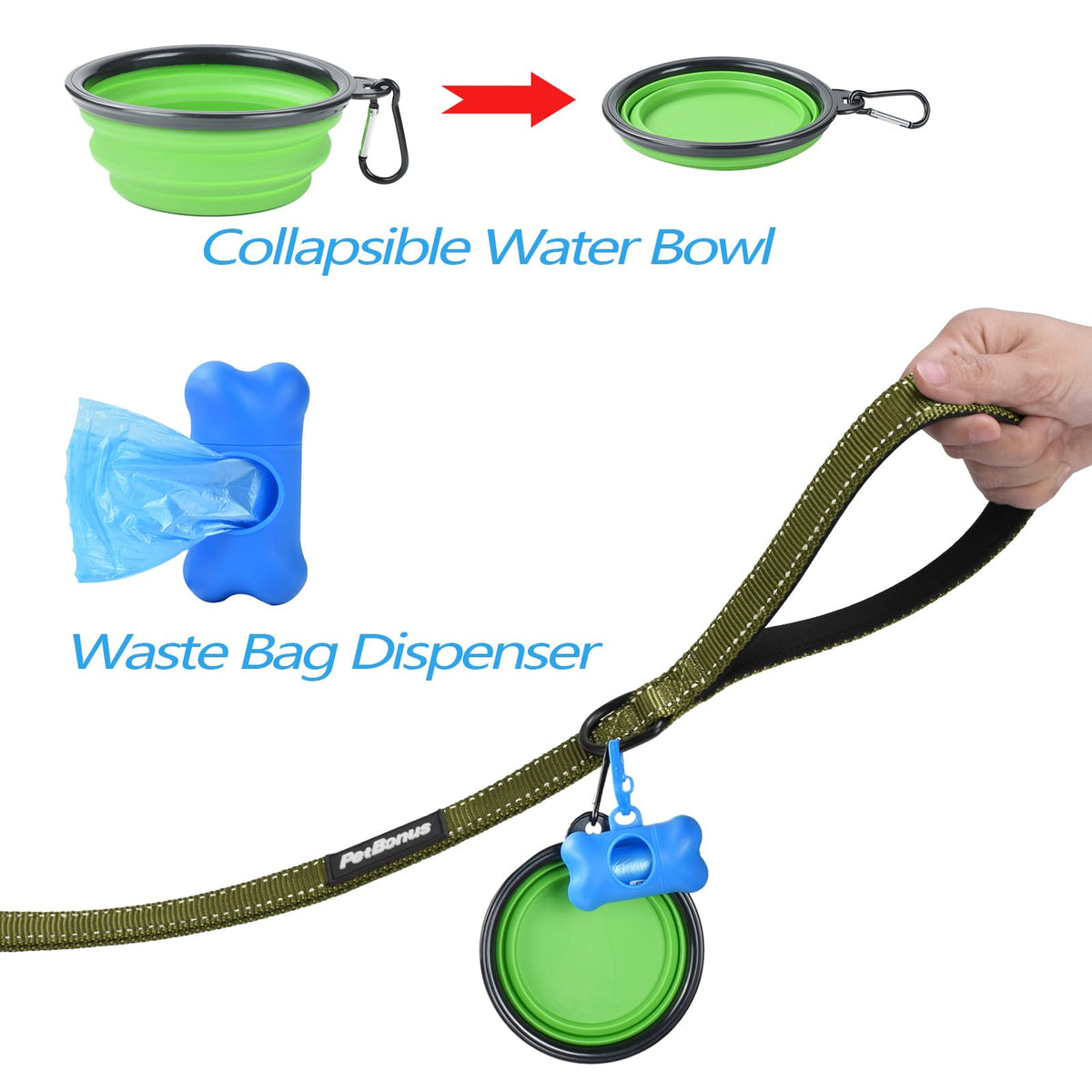 PetBonus Double Dog Leash, No Tangle Dual Leash, Reflective Walking Training Lead, 4 Comfortable Padded Handles for 2 Dogs with Collapsible Bowl and Waste Bags
