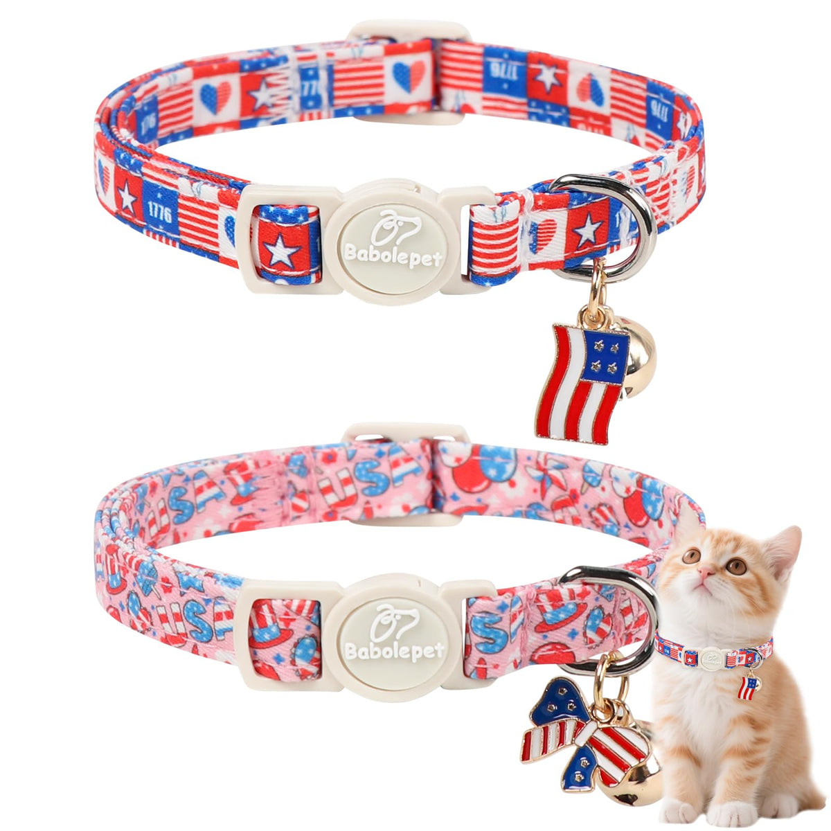 Babole Pet 2 Pack Cat Collars - Cute Breakaway Cat Collar with Bell and Paw Pendant, Soft Adjustable Kitten Collars for Girl Boy Cats