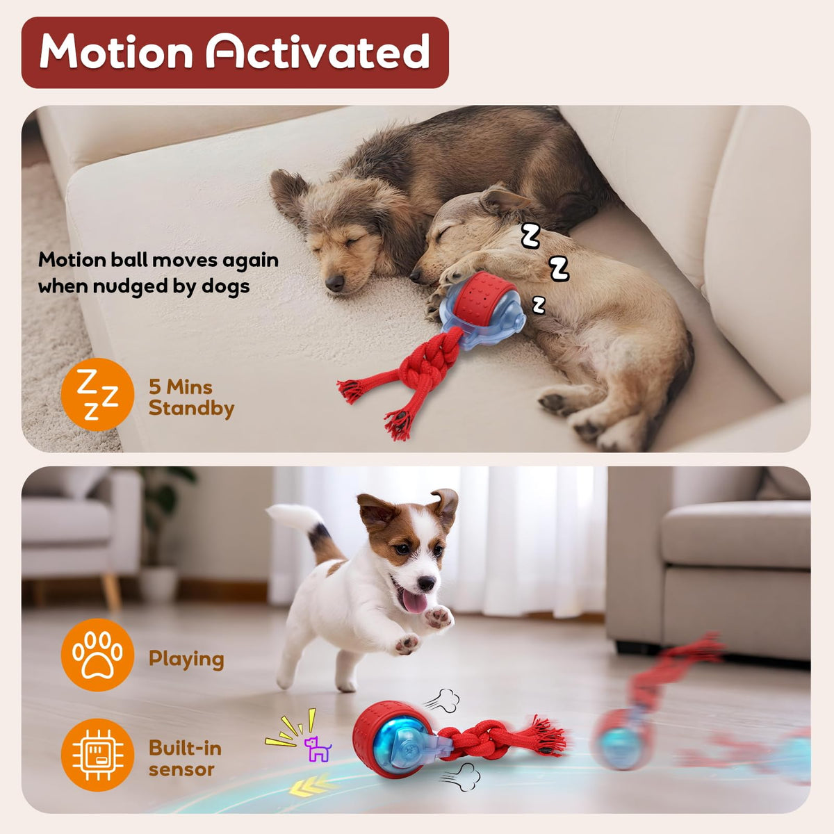 BENTOPAL Dog Toys Interactive Rolling Ball with Rope, Motion-Activated