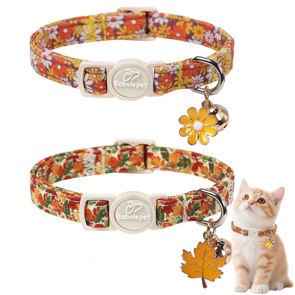 Babole Pet 2 Pack Cat Collars - Cute Breakaway Cat Collar with Bell and Paw Pendant, Soft Adjustable Kitten Collars for Girl Boy Cats