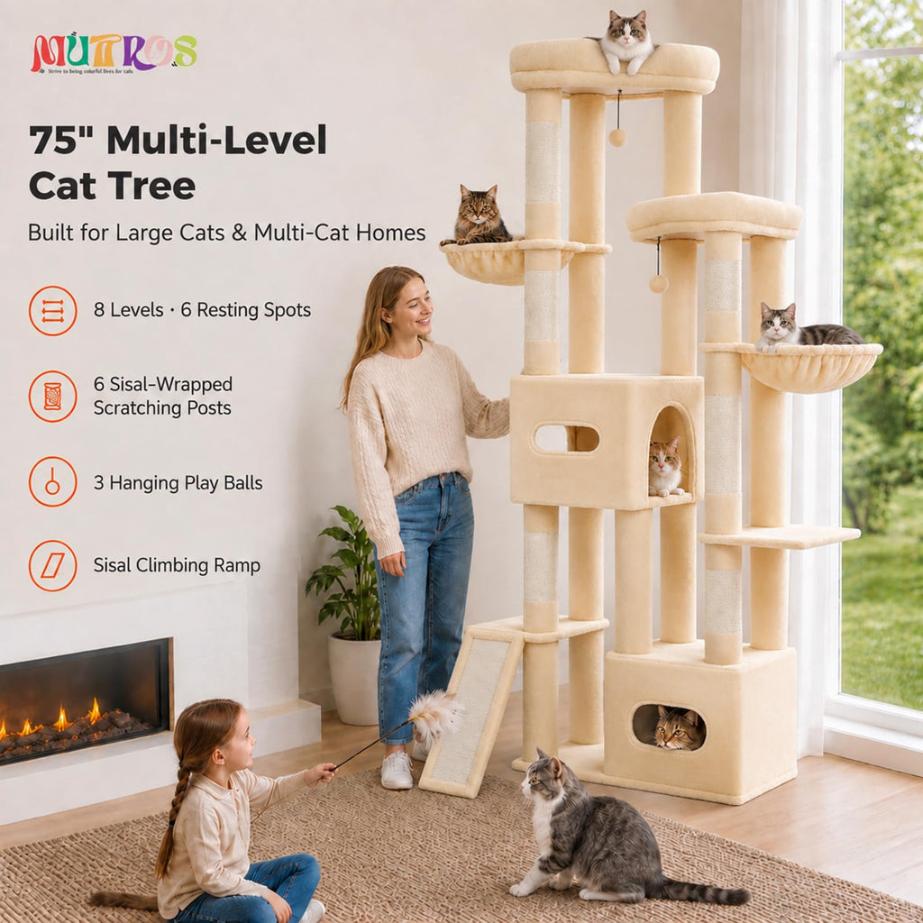 MUTTROS 75" Tall Cat Tree Tower for Large Indoor Cats