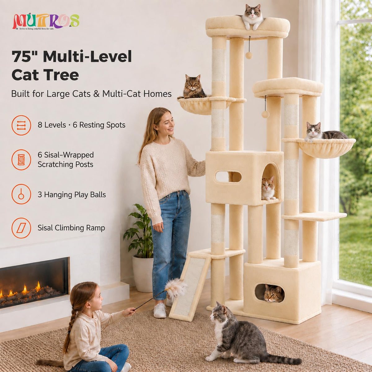 MUTTROS 75" Tall Cat Tree Tower for Large Indoor Cats